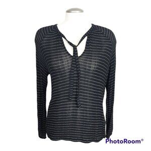 Lucky Brand Top Womens Large Tie Neck Keyhole Semi Sheer Boho Black White Stripe